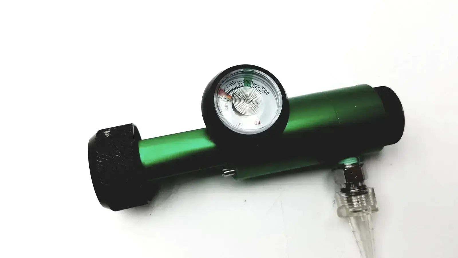 Flotec RR803-310P2 oxygen regulator with green body black end caps and circular pressure gauge for precise control
