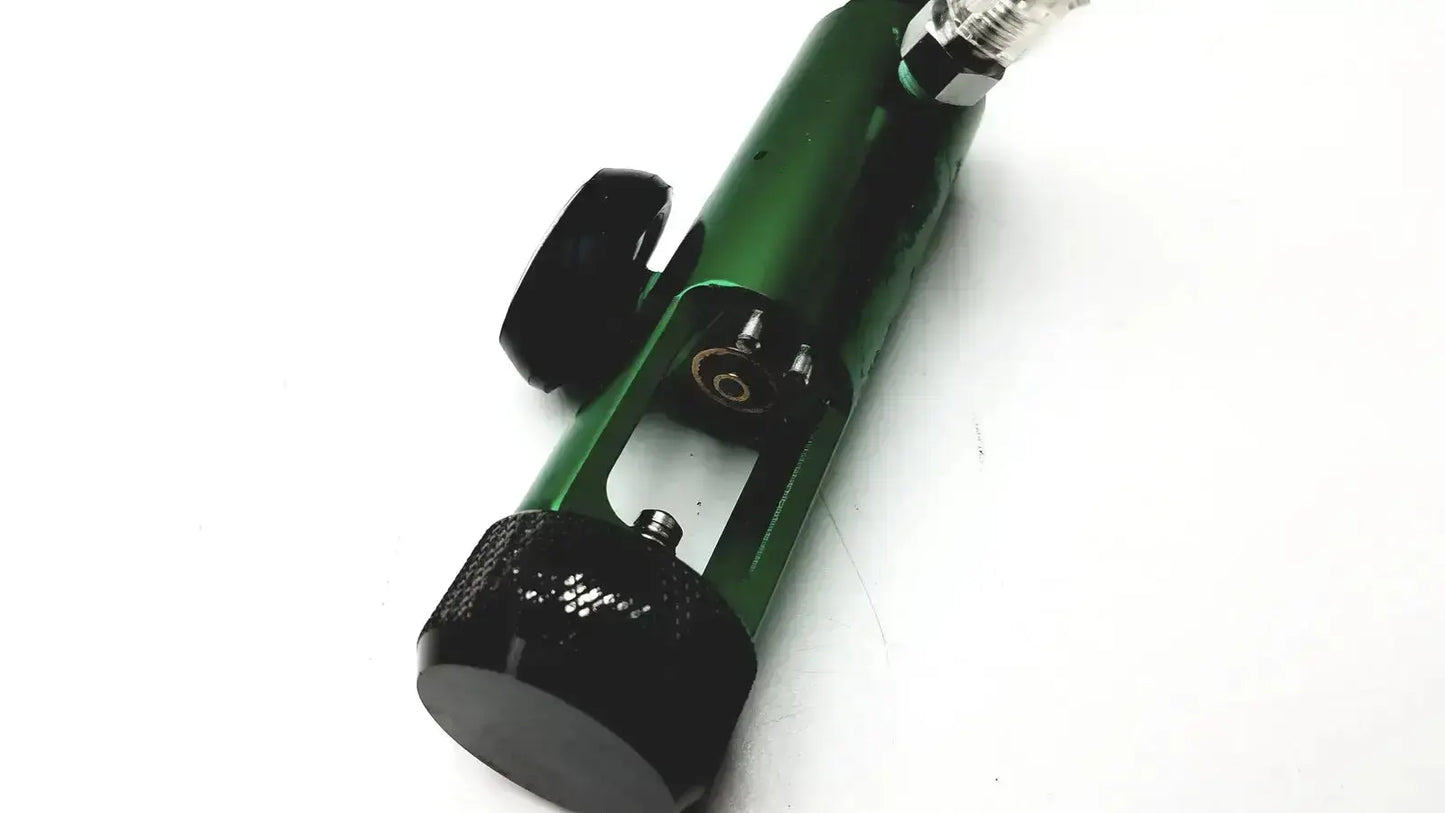Green metallic flotec rr803-310p2 oxygen regulator with black textured knobs and clear glass valve for watch-pat200u finger sensor