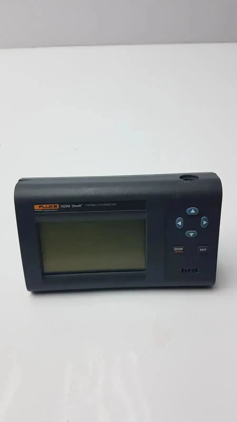 Black fluke 1620a dewk digital thermometer-hygrometer with rectangular screen and directional navigation buttons