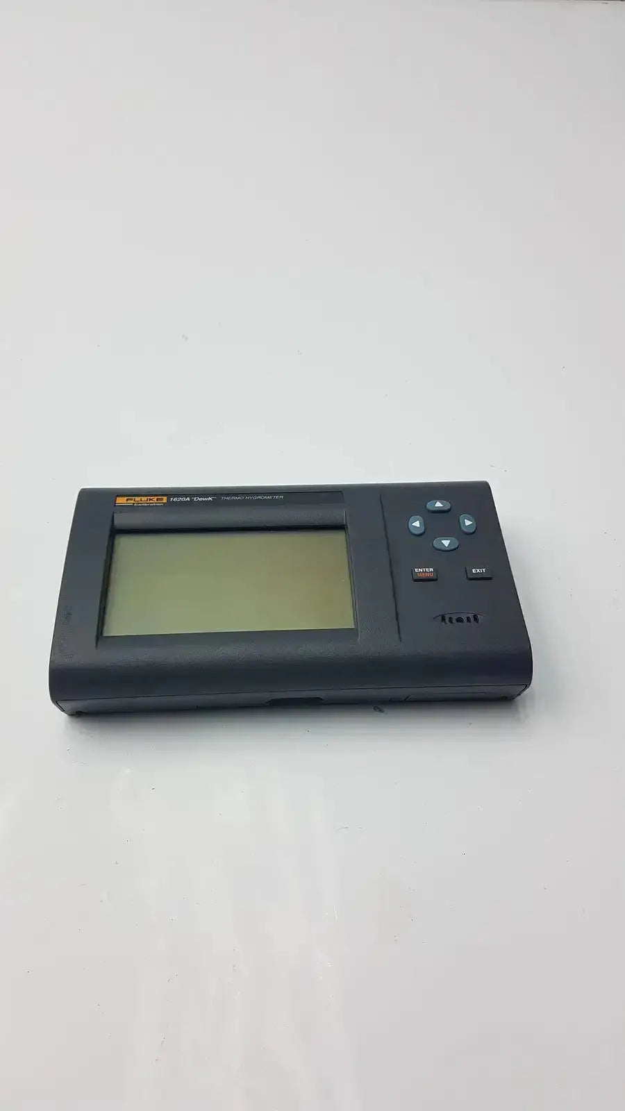 Black fluke 703b handheld data logger with rectangular screen and buttons used with fluke 1620a dewk digital thermometer-hygrometer