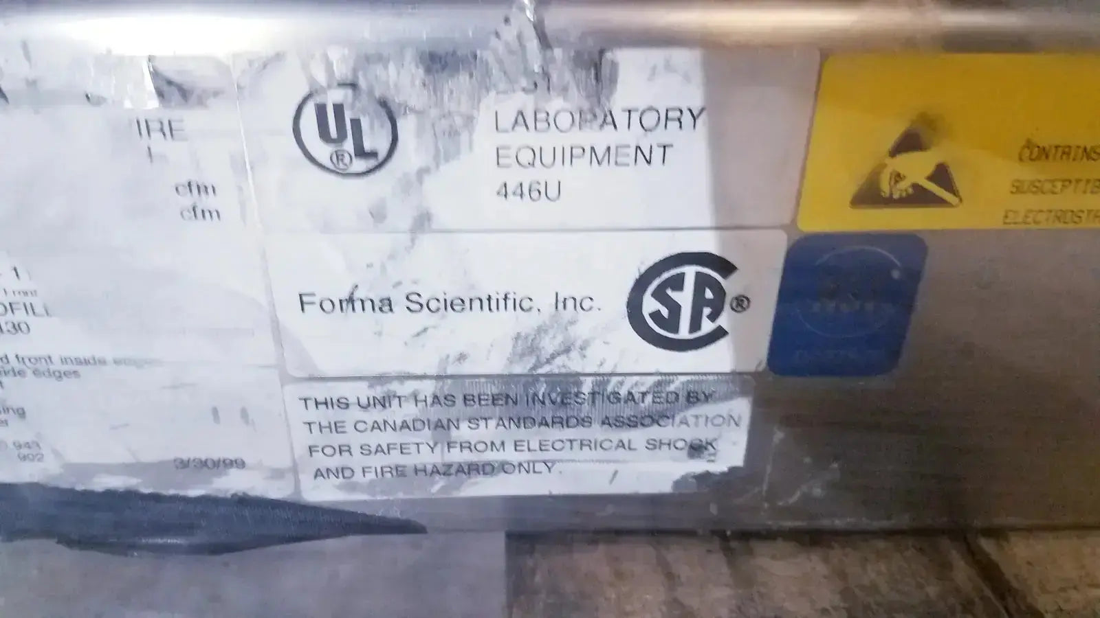 White plastic-labeled forma scientific class II A/B3 biological safety cabinet with ul and csa safety certifications