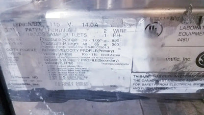 White label with black text and logos on metallic surface of forma scientific class II A/B3 biological safety cabinet