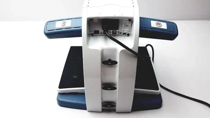 White and blue ergonomic posture corrector with adjustable straps and central control panel for freedom scientific topaz