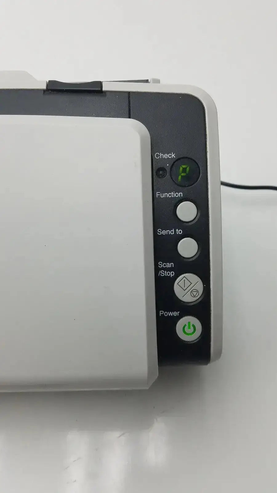 White and black fujitsu fi-6130z high-speed duplex document scanner with green power button and labeled control panel