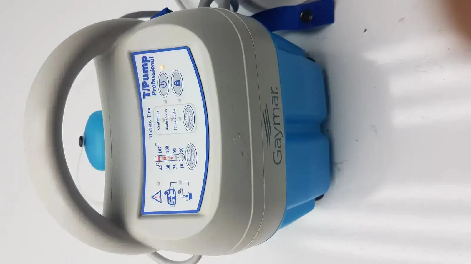 Gray and blue Gaymar T Pump professional heat therapy pump with handle control panel and branding for medical use