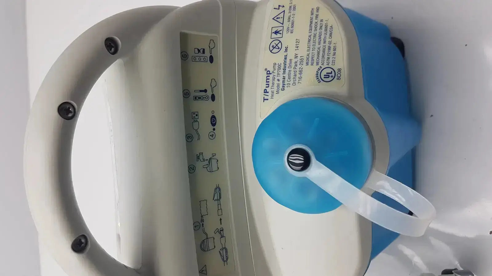 Blue and white gaymar t/pump professional heat therapy pump tp700c with handle control panel and power cord