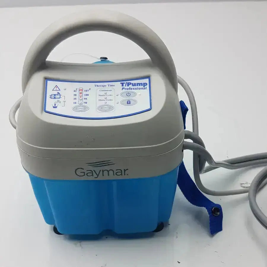 Blue and gray Gaymar T/Pump professional heat therapy pump with handle, control panel, and attached tubing for therapy use