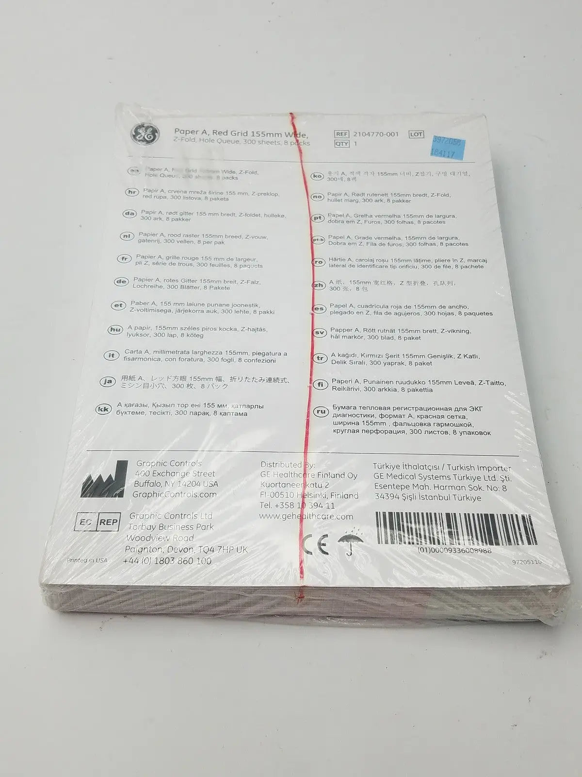 GE 2104770-001 Paper A Red Grid 155mm Wide Z-Fold Hole Queue - Thermal Chart