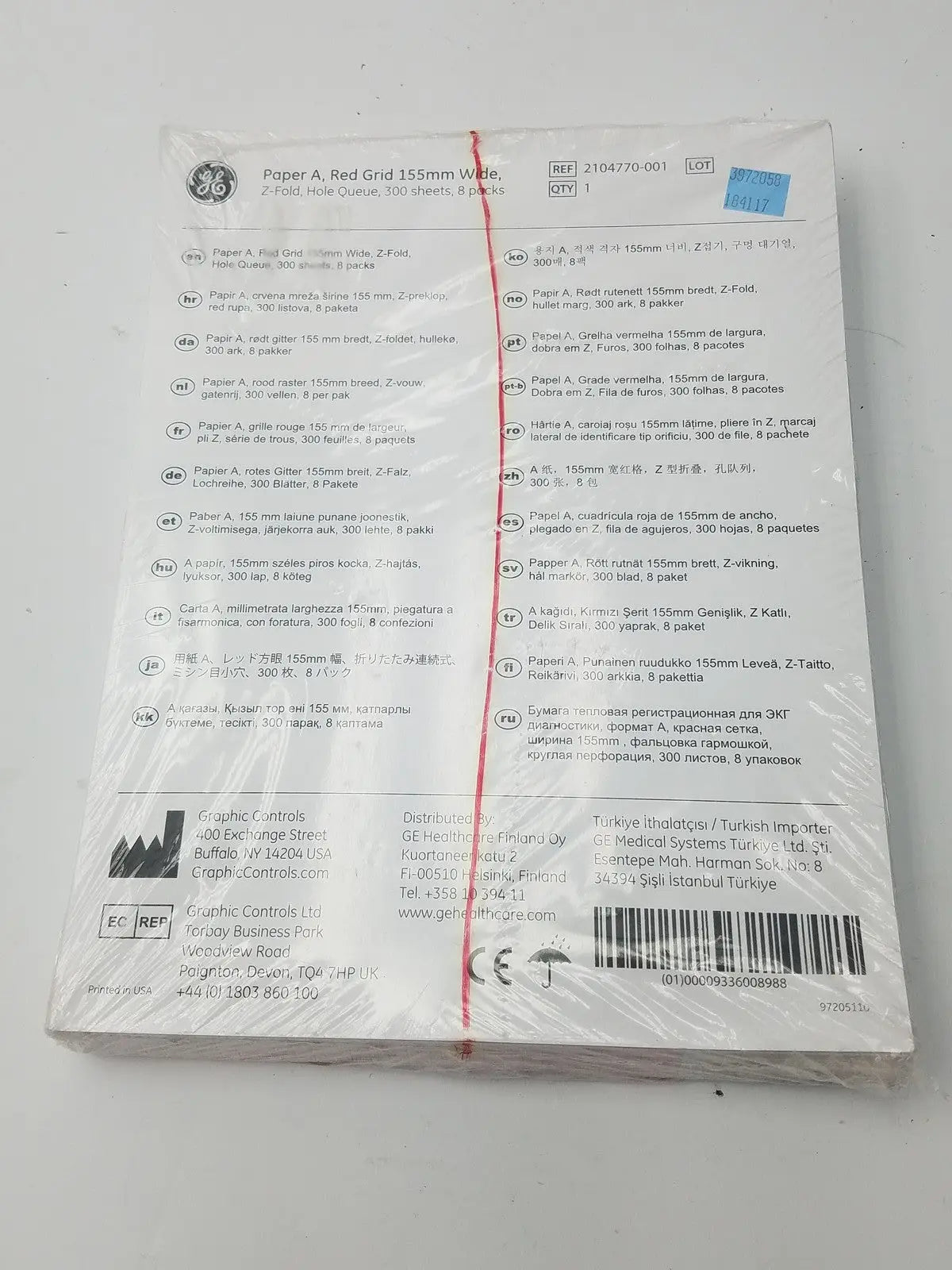 GE 2104770-001 Paper A Red Grid 155mm Wide Z-Fold Hole Queue - Thermal Chart
