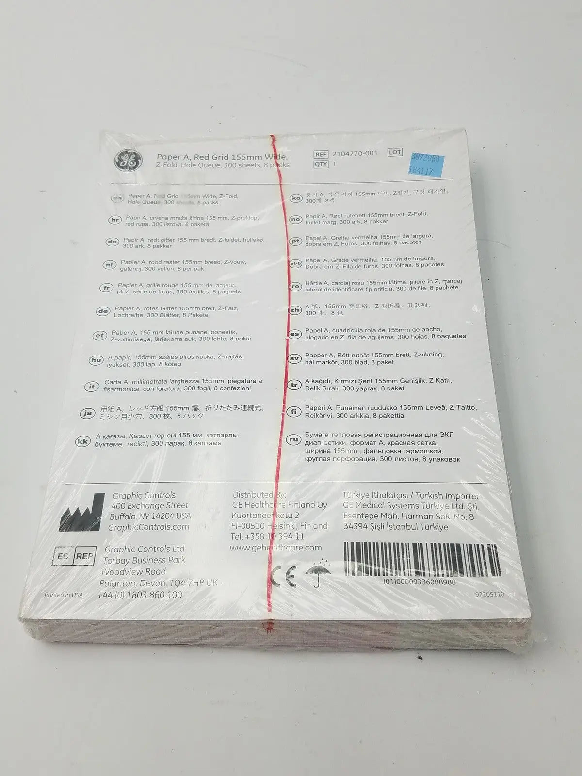GE 2104770-001 Paper A Red Grid 155mm Wide Z-Fold Hole Queue - Thermal Chart