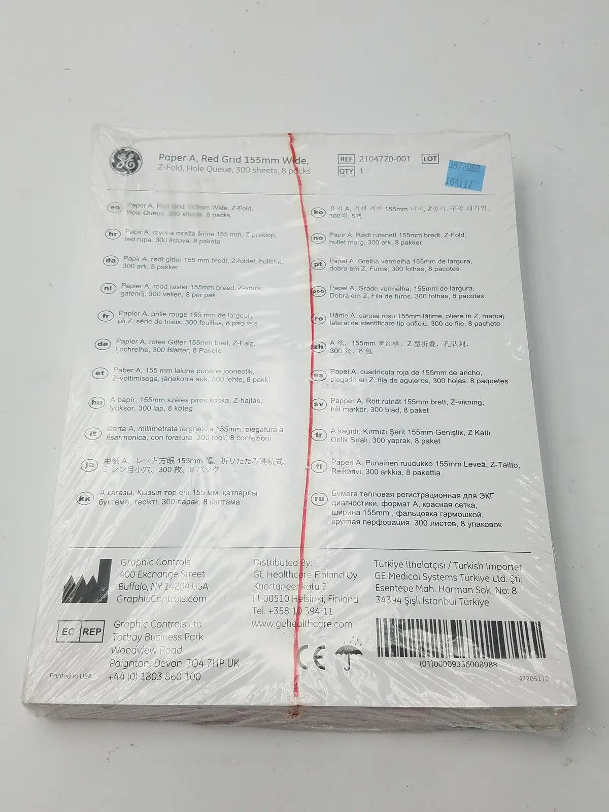 GE 2104770-001 Paper A Red Grid 155mm Wide Z-Fold Hole Queue - Thermal Chart