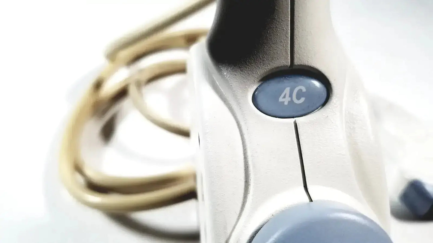 Silver and black ge 4c convex array ultrasound transducer probe with blue 4c button for ultrasound systems use