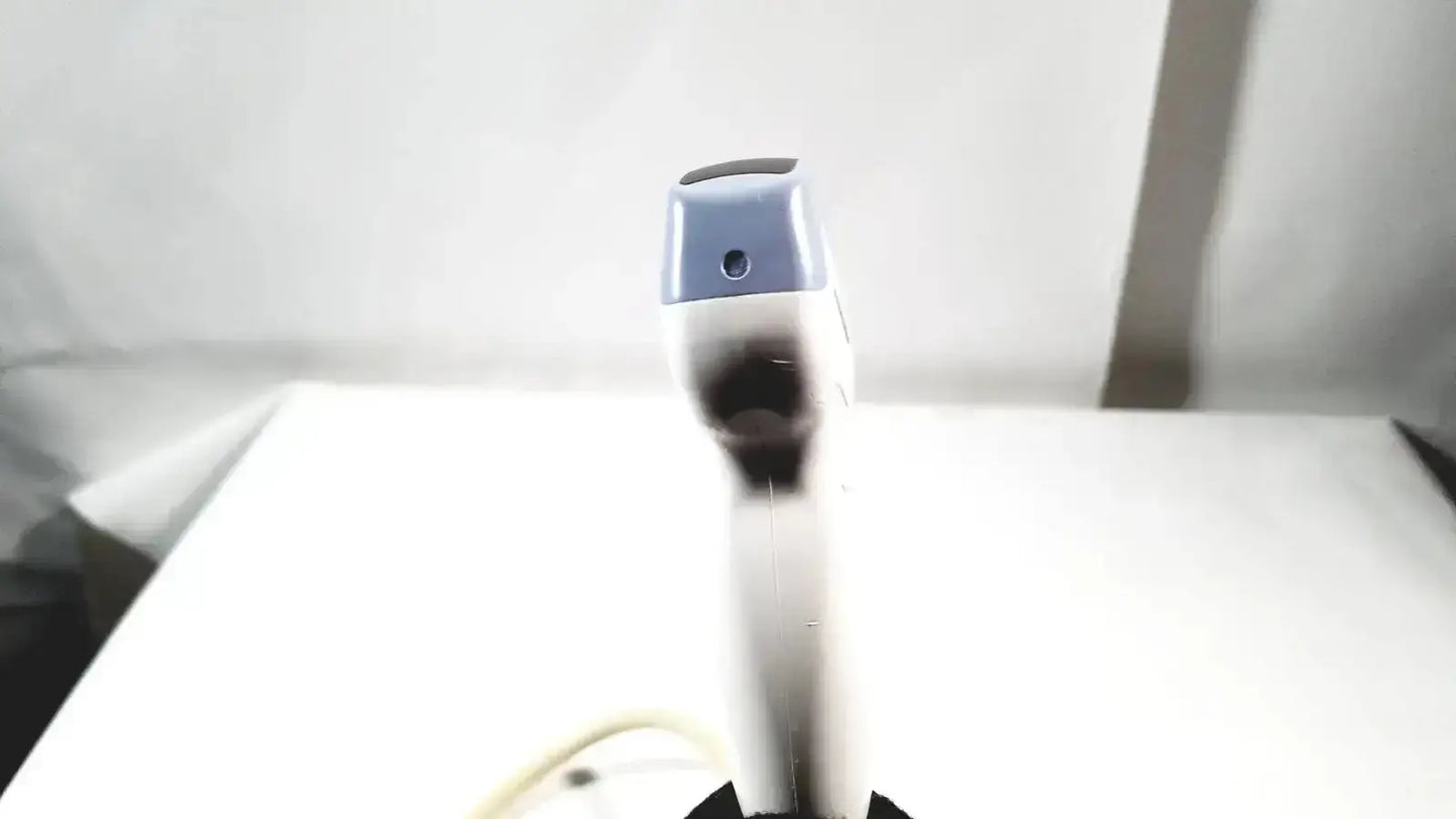 White and gray robotic arm with black circular sensor tip for ge 4c convex array ultrasound transducer probe 2401359