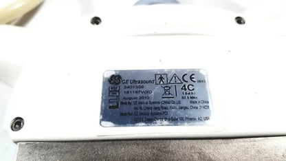 White GE ultrasound system label with black text and model number 2401350 on convex array ultrasound transducer back side