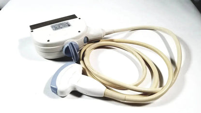 GE 4C convex array ultrasound transducer probe in white and light blue with coiled beige cable for ultrasound systems