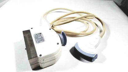 White and gray GE 4C convex array ultrasound transducer probe with beige cable for advanced ultrasound systems use
