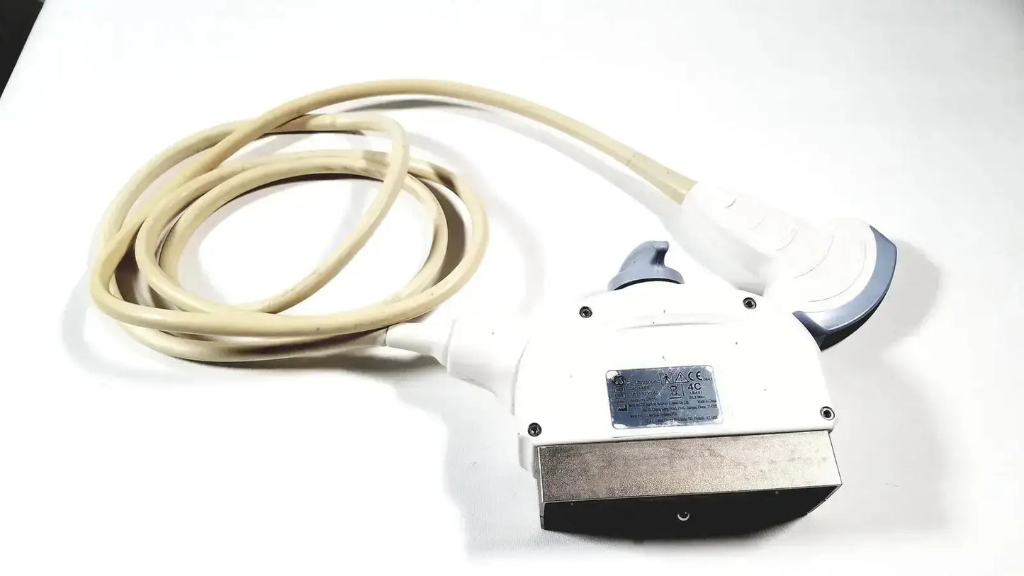 White and gray GE 4C convex array ultrasound transducer probe with beige cable and metallic rectangular base plate