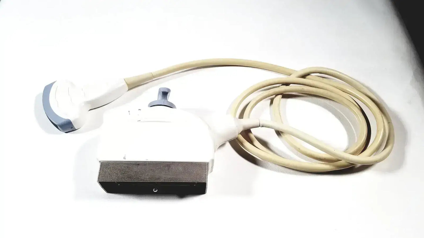 GE 4C convex array ultrasound transducer probe with white and gray ergonomic design and beige cable for ultrasound systems