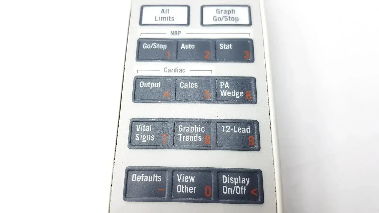 Gray plastic ge adult solar 8000m 8000i remote control with black cardiac and vital signs function buttons