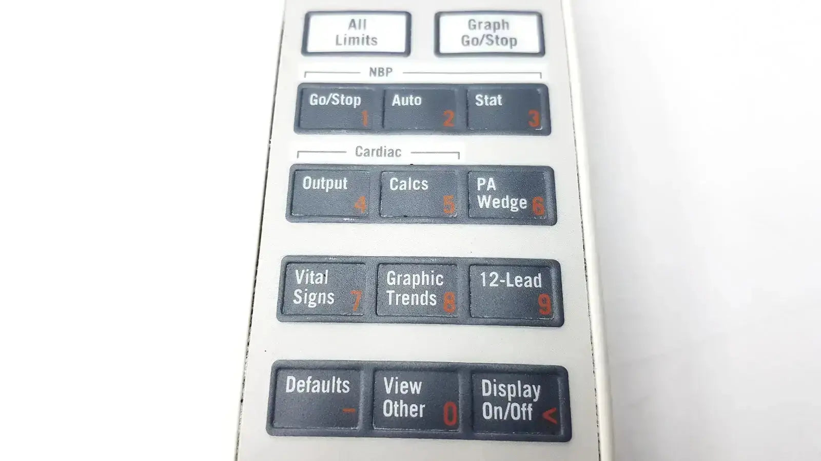 Gray plastic ge adult solar 8000m 8000i remote control with black cardiac and vital signs function buttons