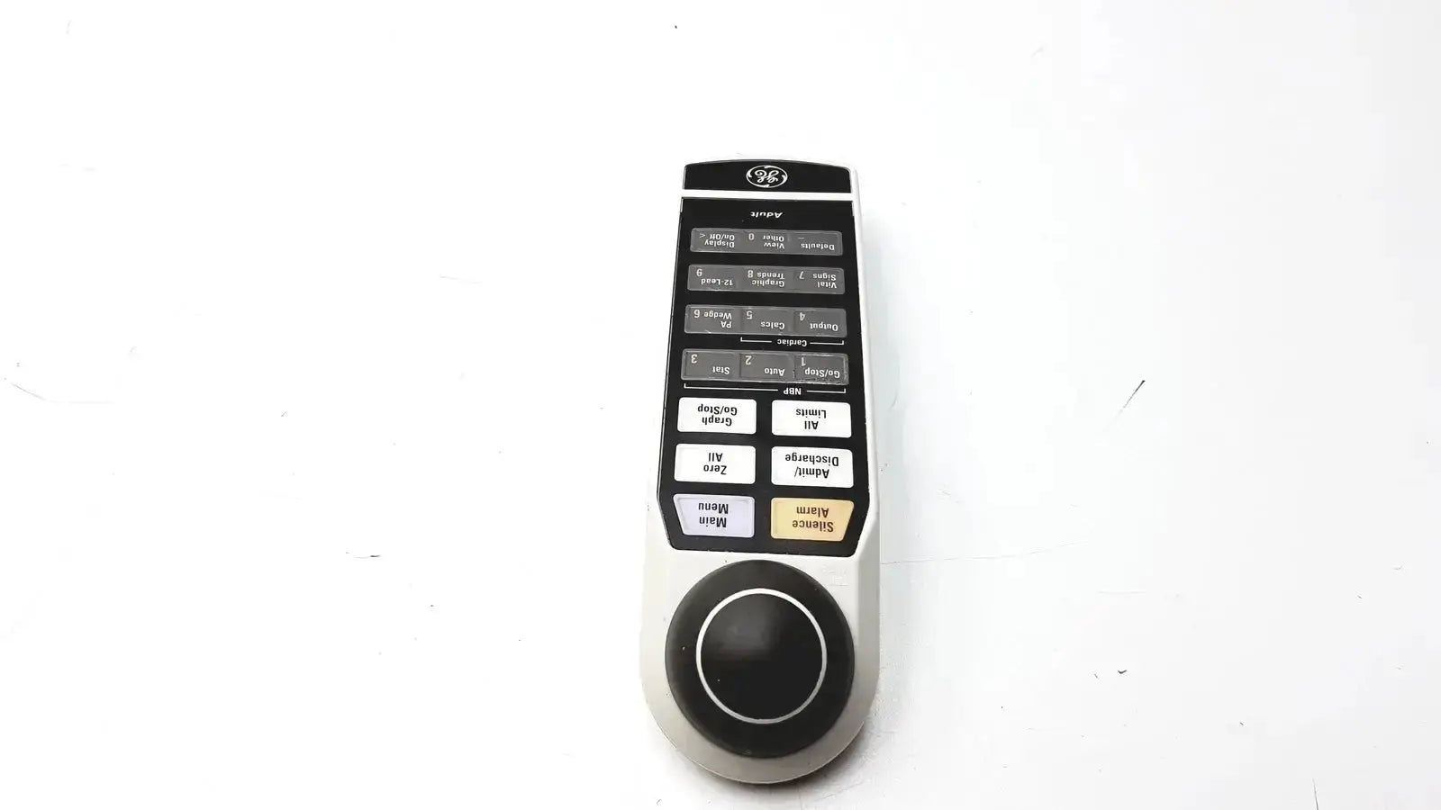 Black and silver GE adult solar 8000M remote control with circular navigation pad for easy device operation