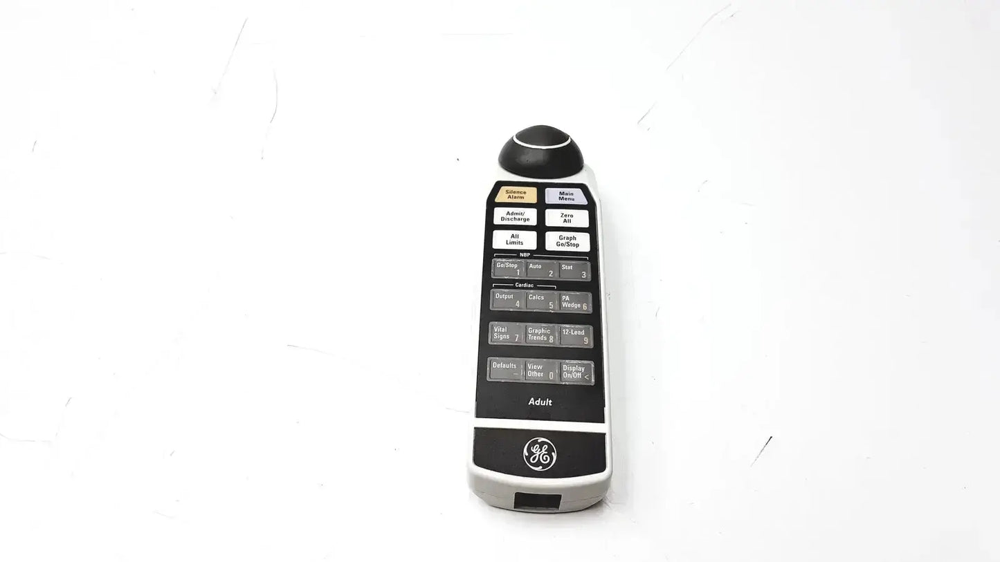 Silver and black ge adult solar 8000m remote control with rounded top button and labeled function keys
