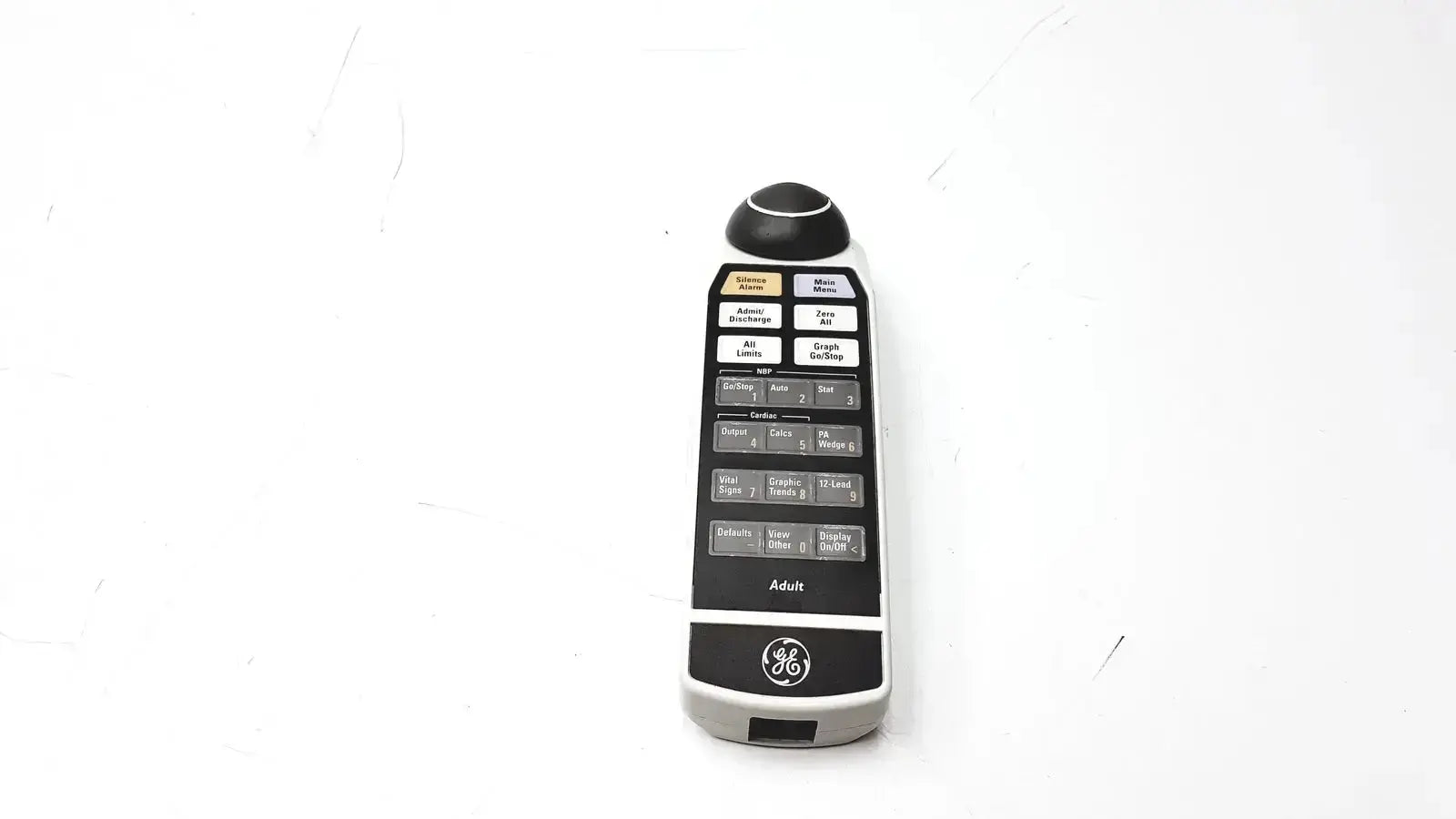 Silver and black ge adult solar 8000m remote control with rounded top button and labeled function keys