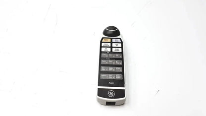 Silver and black ge adult solar 8000m remote control with rounded top button and labeled function keys