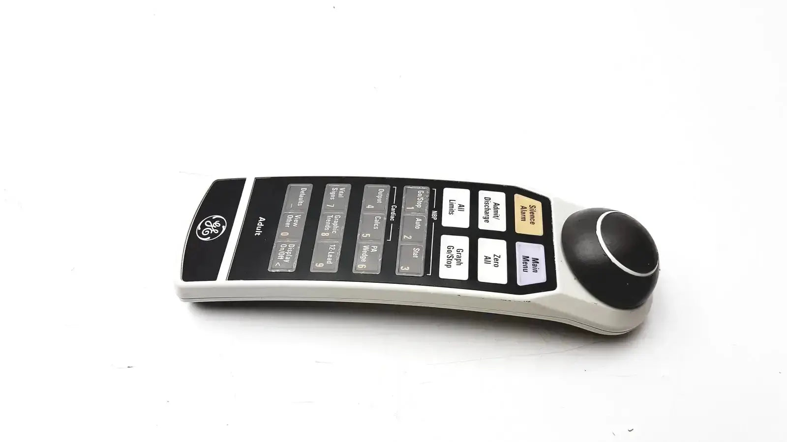 Black and silver ge adult solar 8000m remote control with numeric keypad and large directional dial on the right side
