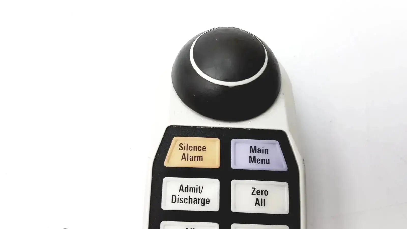 Black and white GE adult solar 8000m remote control with circular knob and labeled buttons for alarm and menu functions