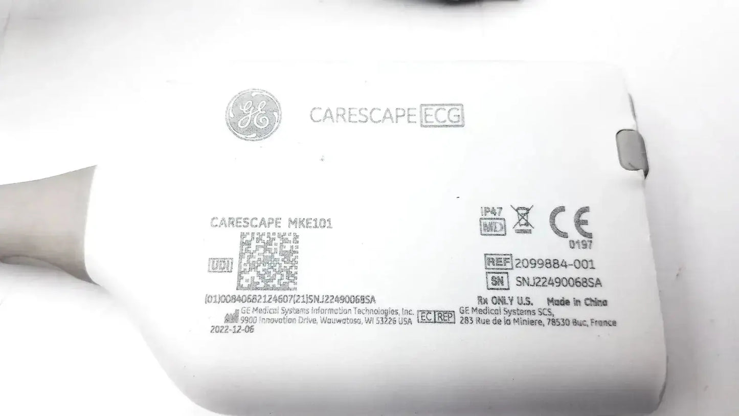 White ge carescape ecg parameter cable with micro module and printed model and regulatory labels visible on device