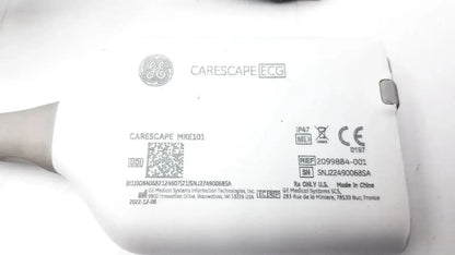 White ge carescape ecg parameter cable with micro module and printed model and regulatory labels visible on device