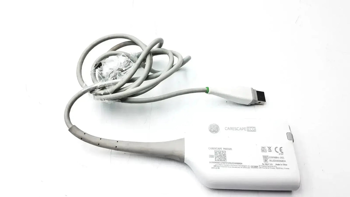 Gray and white GE CARESCAPE ECG parameter cable with micro module and coiled cable for medical monitoring use