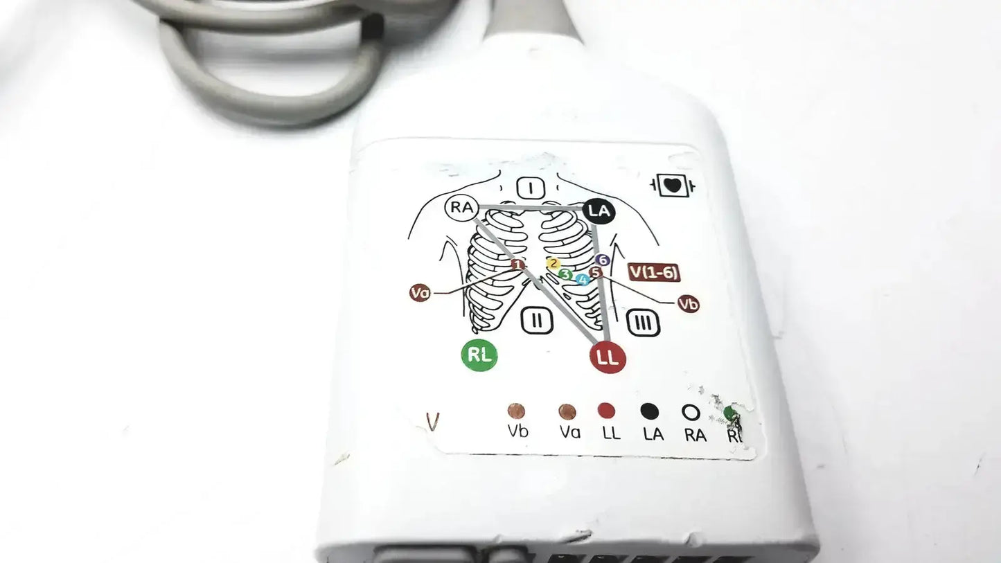 White plastic GE CARESCAPE ECG parameter cable adapter with printed micro module chest electrode placement diagram