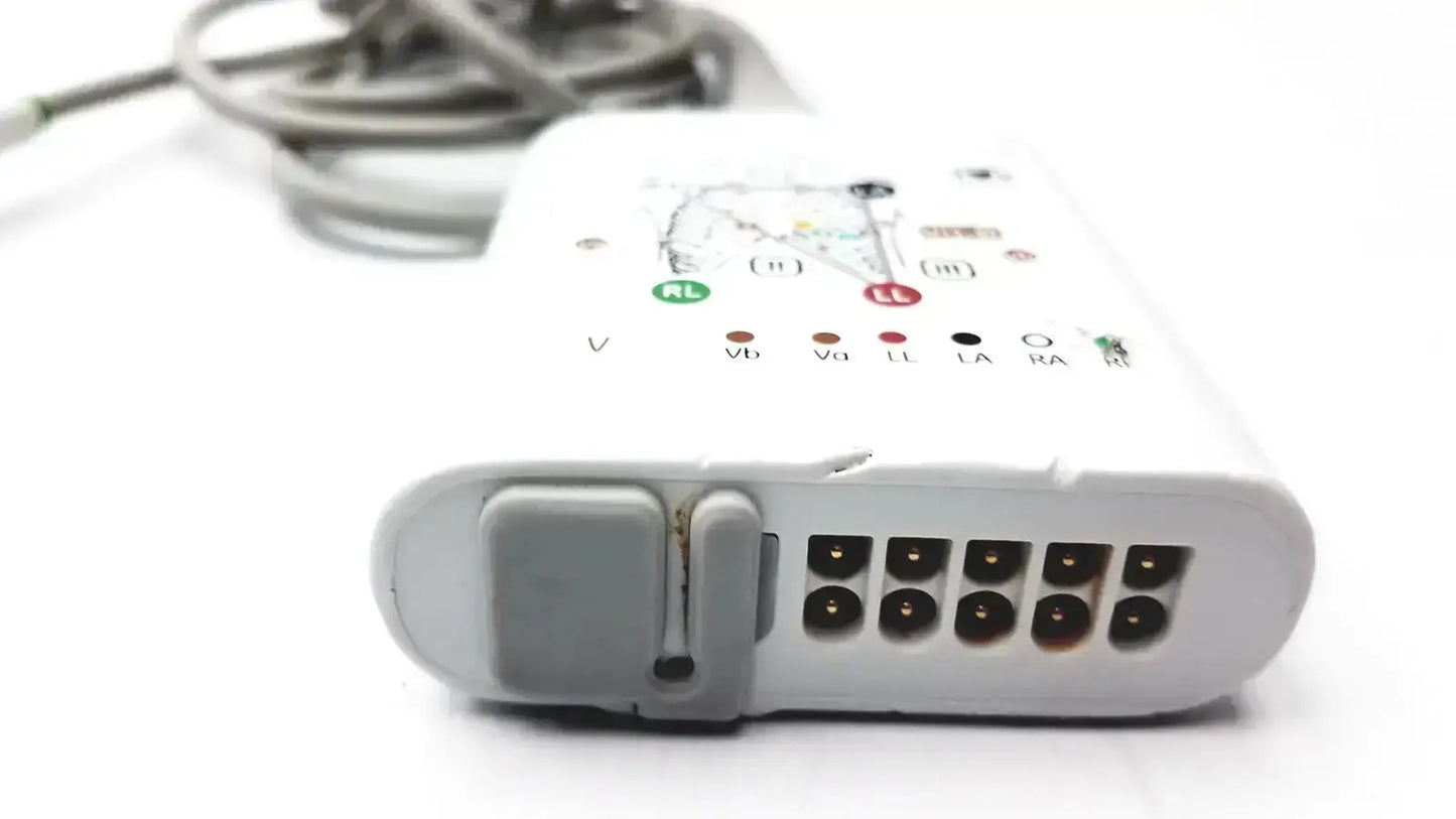White plastic GE CARESCAPE ECG parameter cable with labeled electrode ports and micro module diagram on top surface
