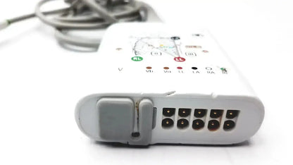 White plastic GE CARESCAPE ECG parameter cable with labeled electrode ports and micro module diagram on top surface