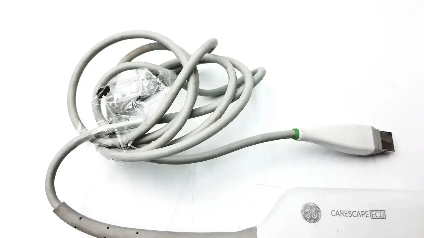 Gray coiled ecg parameter cable with white connector and green accent band for GE carescape micro module use