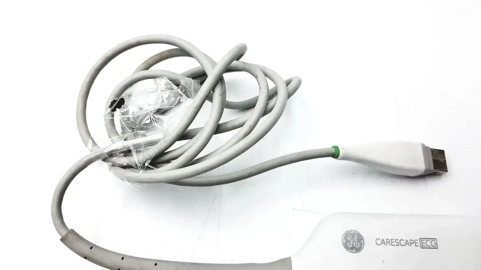 Gray coiled ecg parameter cable with white connector and green accent band for GE carescape micro module use