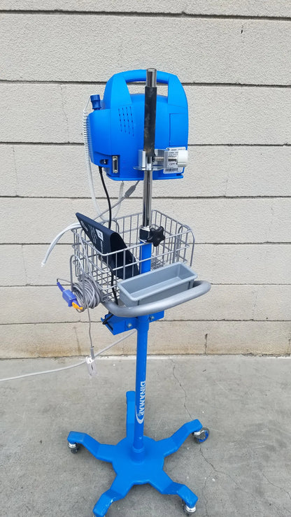 Blue portable medical equipment cart with metal wire basket and gray tray for dinamap procare dpc 400 monitor stand