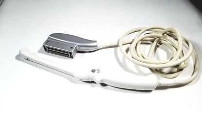 White ge e8c-rs ultrasound probe transducer endo with silver handle and coiled beige cable for vaginal use