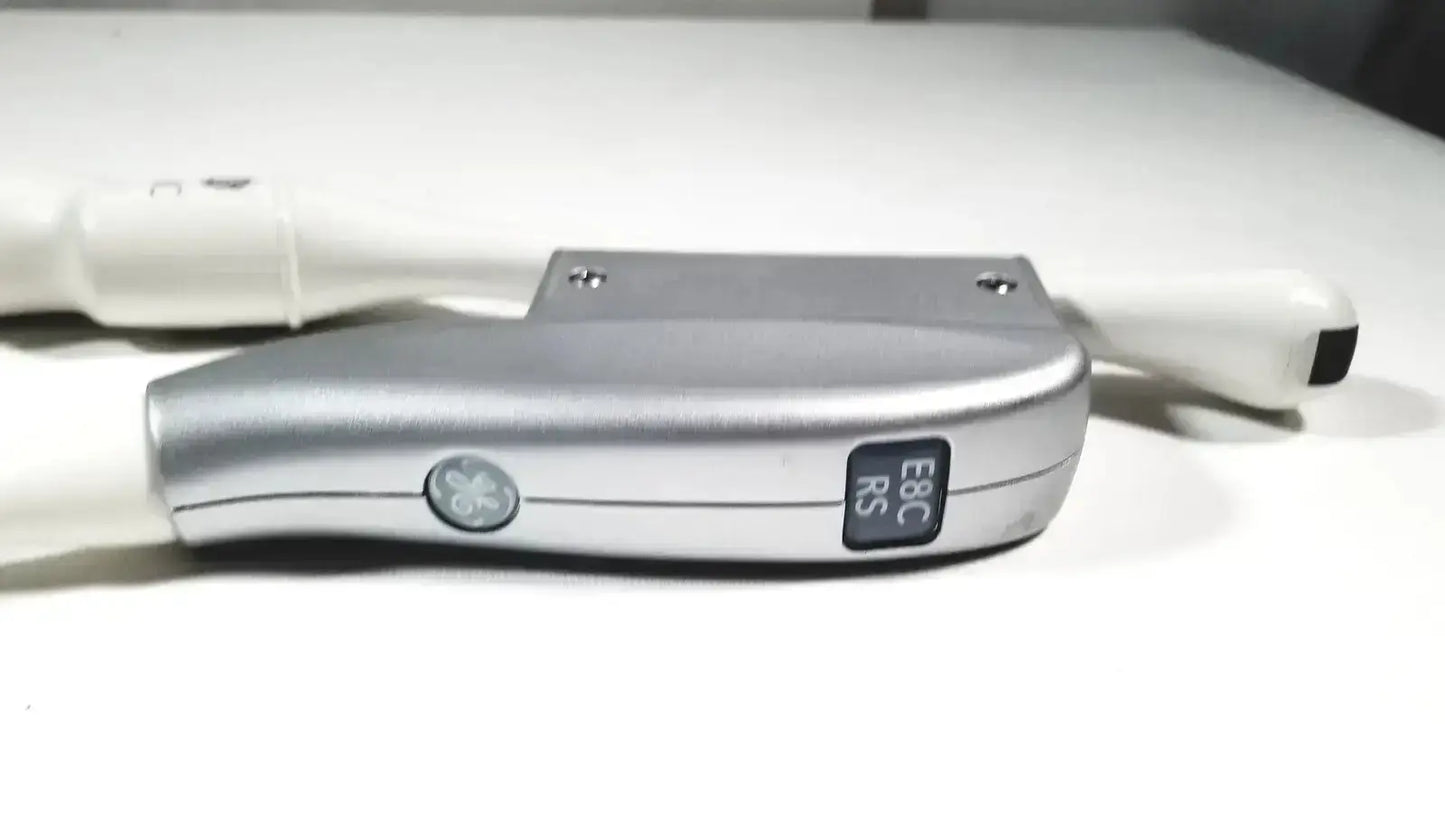 Silver metallic GE E8C-RS ultrasound probe transducer endo with circular control button and ebc rs label on the side