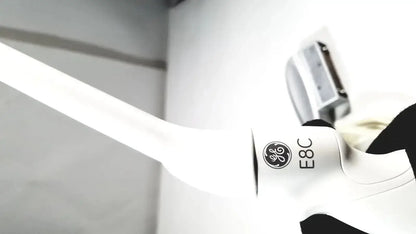 White ge e8c electric hair dryer with sleek modern design shown alongside ultrasound probe transducer endo vaginial product