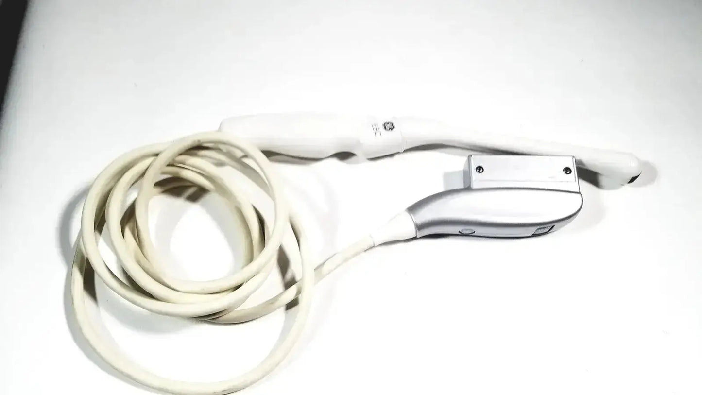 White and silver GE E8C-RS ultrasound probe transducer endo with coiled cable for vaginal medical use