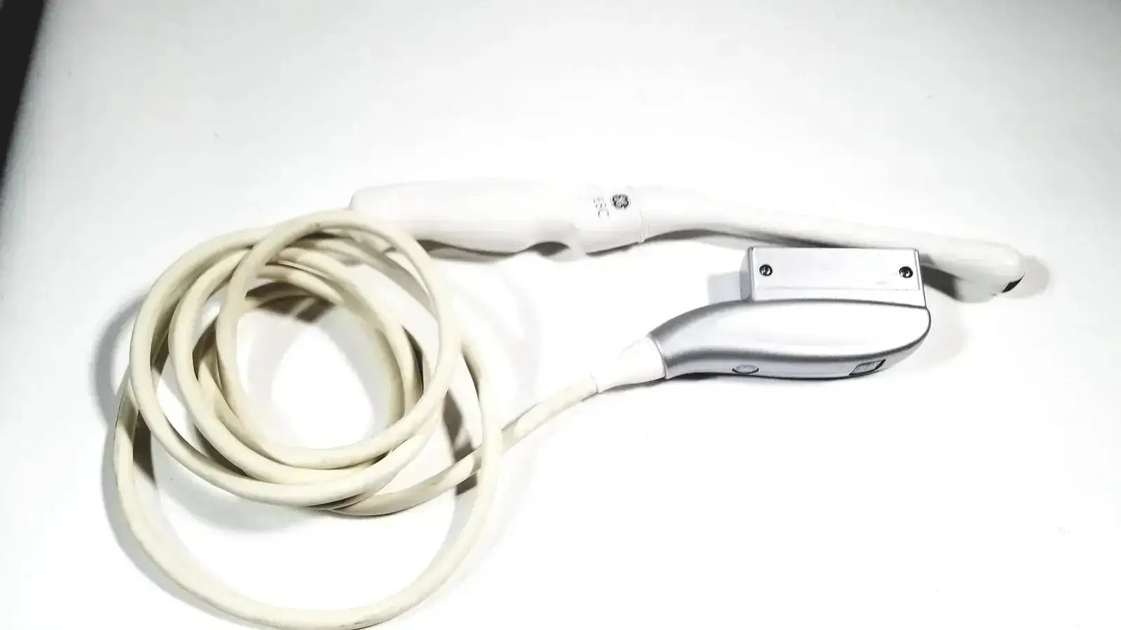 White and silver GE E8C-RS ultrasound probe transducer endo with coiled cable for vaginal medical use