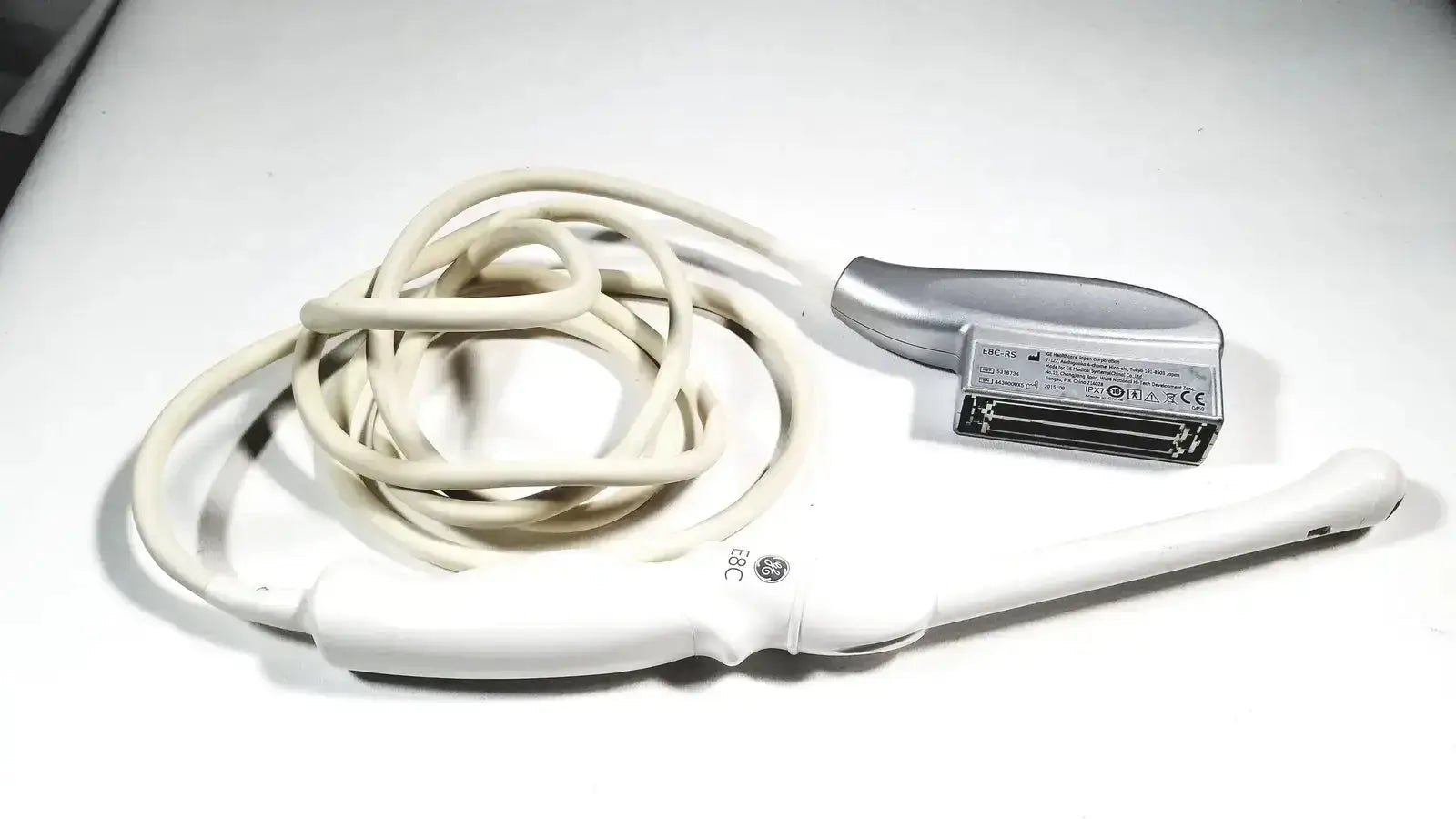 Ge e8c-rs white ultrasound probe transducer endo with coiled beige cable and silver connector for vaginal use