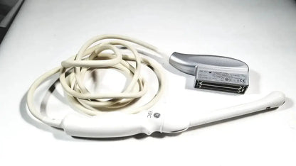 Ge e8c-rs white ultrasound probe transducer endo with coiled beige cable and silver connector for vaginal use