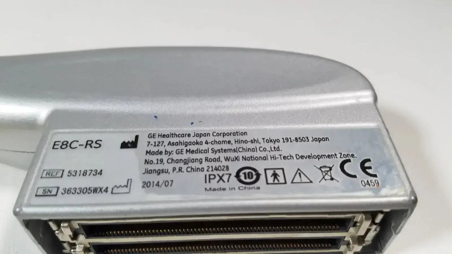 Silver metallic ge e8c-rs endovaginal ultrasound probe ultrasound device showing manufacturer details and certification marks