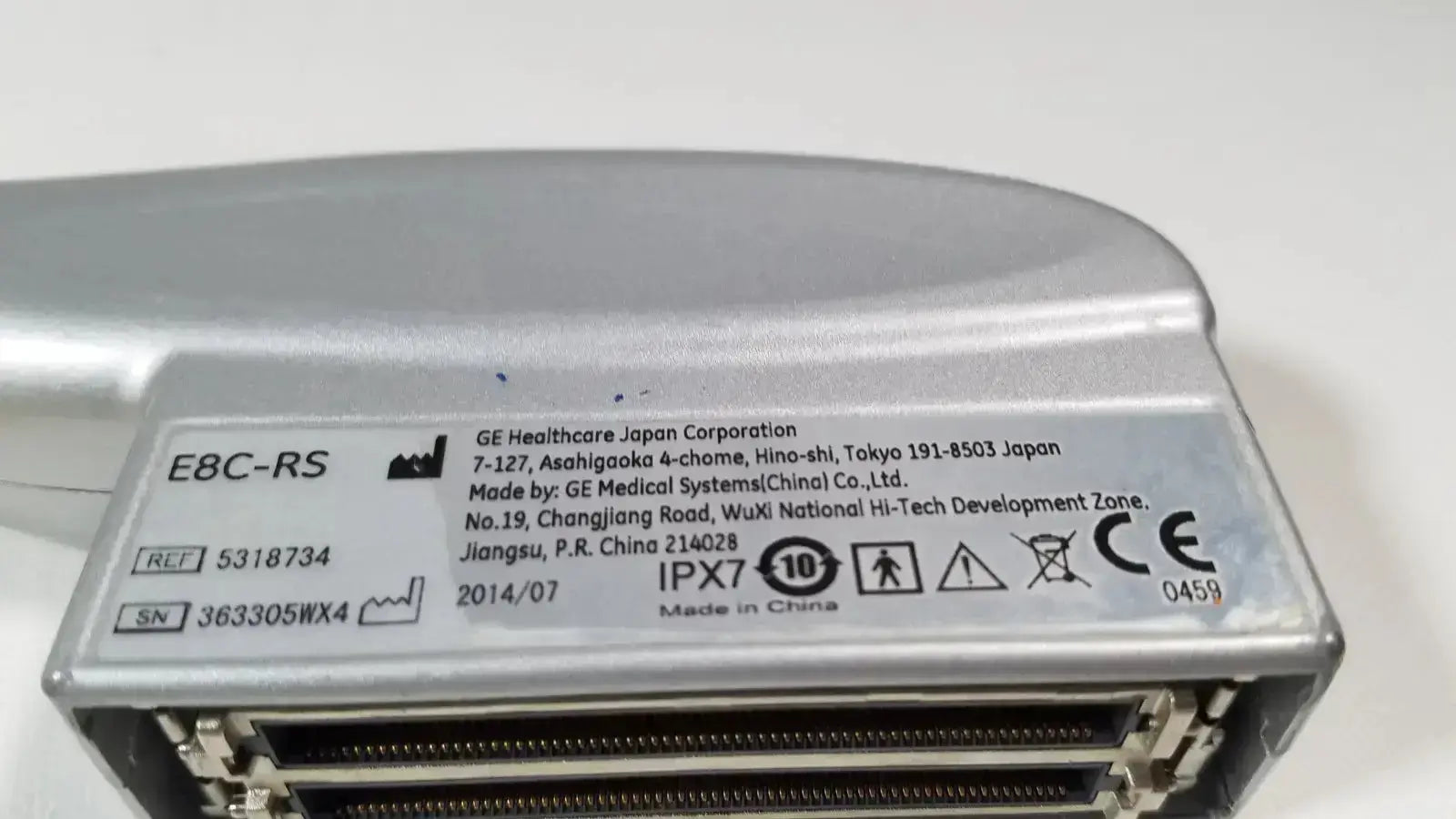 Silver metallic ge e8c-rs endovaginal ultrasound probe ultrasound device showing manufacturer details and certification marks