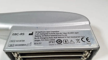 Silver metallic ge e8c-rs endovaginal ultrasound probe ultrasound device showing manufacturer details and certification marks
