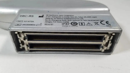 Silver metallic ge healthcare e8c-rs endovaginal ultrasound probe with two black connectors shown from the back side